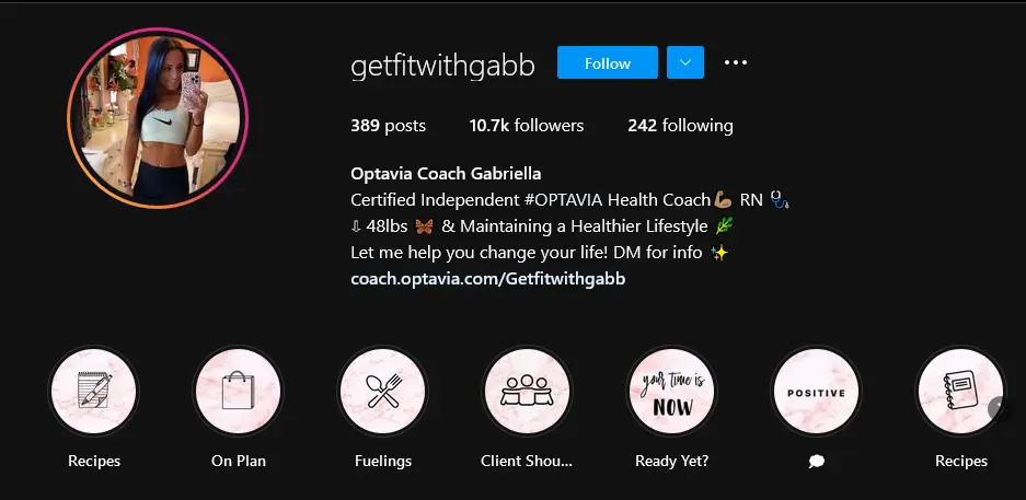 Highlights on Optavia Coach Gabriella IG Page